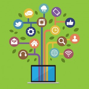 Computer with social media icons Computer with social media icons